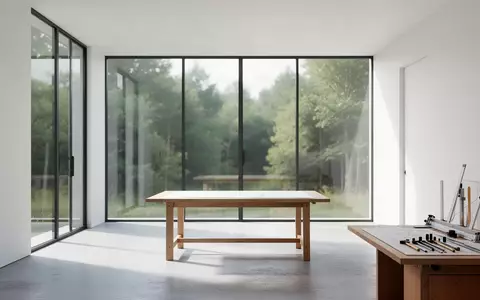 Ein minimalistisches Architekturbüro mit leerem Zeichentisch vor einer großen Fensterfront mit Blick ins Grüne. - Foto: über boerse-global.de