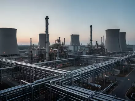Weitläufige Industrieanlage mit komplexen Rohrleitungen und technischen Anlagen in der Abenddämmerung. - Foto: über boerse-global.de