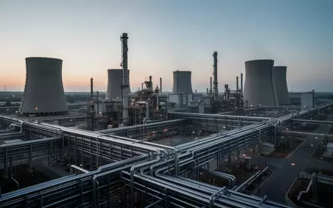 Weitläufige Industrieanlage mit komplexen Rohrleitungen und technischen Anlagen in der Abenddämmerung. - Foto: über boerse-global.de