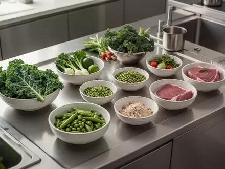 Frische, gesunde Lebensmittel wie Gemüse und Hülsenfrüchte in einer modernen, minimalistischen Profiküche. - Foto: über boerse-global.de