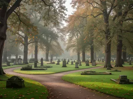 Ein friedlicher, parkähnlicher Friedhof mit alten Bäumen, grünen Wegen und historischen Grabsteinen im sanften Morgenlicht. - Foto: über boerse-global.de