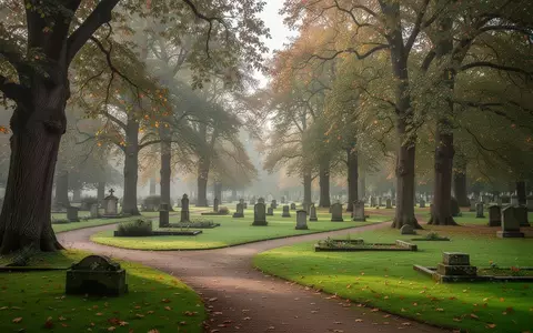 Ein friedlicher, parkähnlicher Friedhof mit alten Bäumen, grünen Wegen und historischen Grabsteinen im sanften Morgenlicht. - Foto: über boerse-global.de