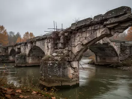 Eine marode, sanierungsbedürftige Steinbrücke über einem Fluss bei bewölktem Himmel als Symbol für kommunale Finanznot. - Foto: über boerse-global.de
