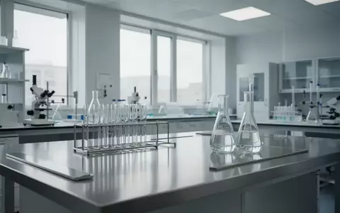 Ein modernes, helles und steriles medizinisches Forschungslabor mit Edelstahl-Oberflächen und Glasgefäßen in natürlichem Licht. - Foto: über boerse-global.de