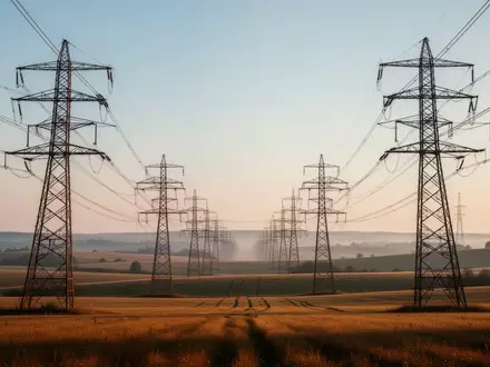 Hochspannungsleitungen und Strommasten in einer weiten, ländlichen Landschaft bei Tageslicht. - Foto: über boerse-global.de