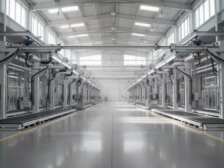 Weitläufige, leere Montagehalle einer modernen Automobilfabrik mit hohen Hallendecken und industrieller Fertigungstechnik. - Foto: über boerse-global.de