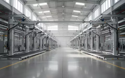 Weitläufige, leere Montagehalle einer modernen Automobilfabrik mit hohen Hallendecken und industrieller Fertigungstechnik. - Foto: über boerse-global.de