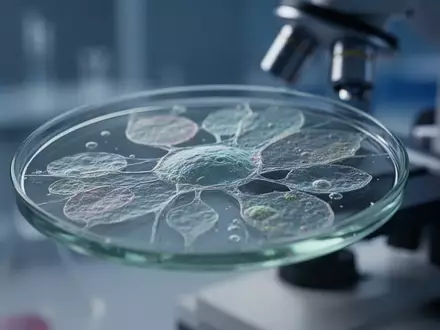 Nahaufnahme einer biologischen Zellprobe auf einem Objektträger unter einem Labor-Mikroskop zur Darstellung molekularer Forschung - Foto: über boerse-global.de