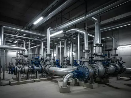 Ein großes, industrielles Wasserpumpwerk mit komplexen Stahlrohrsystemen und Ventilen in einer Betonhalle. - Foto: über boerse-global.de