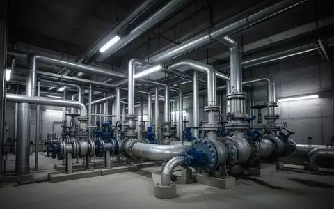 Ein großes, industrielles Wasserpumpwerk mit komplexen Stahlrohrsystemen und Ventilen in einer Betonhalle. - Foto: über boerse-global.de
