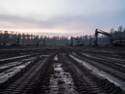 Eine weitlĂ€ufige, schlammige Baustelle in der AbenddĂ€mmerung mit aufgewĂŒhlter Erde und im Hintergrund abgestellten Baumaschinen. - Foto: ĂŒber boerse-global.de