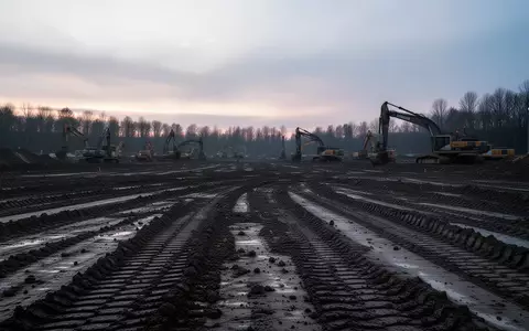 Eine weitläufige, schlammige Baustelle in der Abenddämmerung mit aufgewühlter Erde und im Hintergrund abgestellten Baumaschinen. - Foto: über boerse-global.de