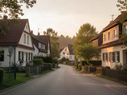 Eine ruhige Wohnsiedlung mit Einfamilienhäusern und Gärten im goldenen Licht der Abendsonne. - Foto: über boerse-global.de