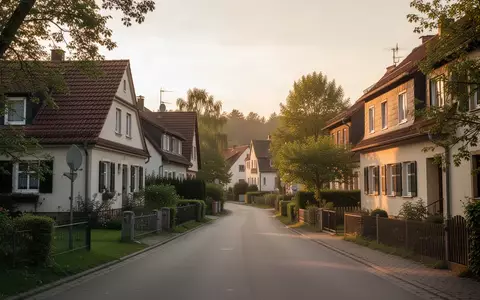 Eine ruhige Wohnsiedlung mit Einfamilienhäusern und Gärten im goldenen Licht der Abendsonne. - Foto: über boerse-global.de