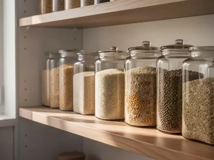 Glasbehälter mit Getreide und Hülsenfrüchten in einer hellen, minimalistischen Küche bei natürlichem Lichteinfall. - Foto: über boerse-global.de