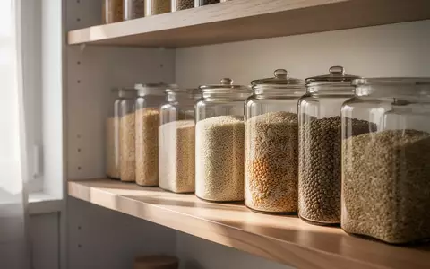 Glasbehälter mit Getreide und Hülsenfrüchten in einer hellen, minimalistischen Küche bei natürlichem Lichteinfall. - Foto: über boerse-global.de