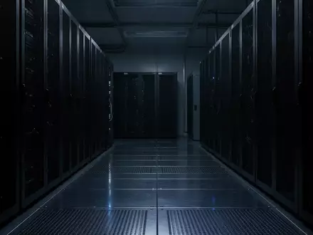 Ein minimalistisch beleuchteter, dunkler Serverraum mit metallischen Bodenplatten und kühlen Lichtreflexen. - Foto: über boerse-global.de