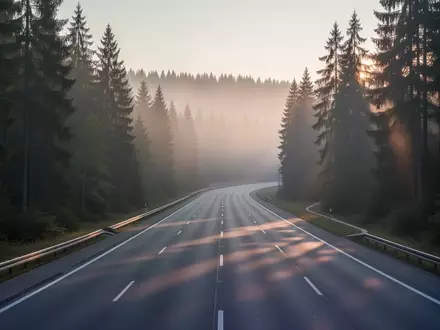 Eine leere, kurvige Landstraße, die sich durch einen nebligen Nadelwald in der Abenddämmerung schlängelt. - Foto: über boerse-global.de