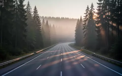 Eine leere, kurvige Landstraße, die sich durch einen nebligen Nadelwald in der Abenddämmerung schlängelt. - Foto: über boerse-global.de