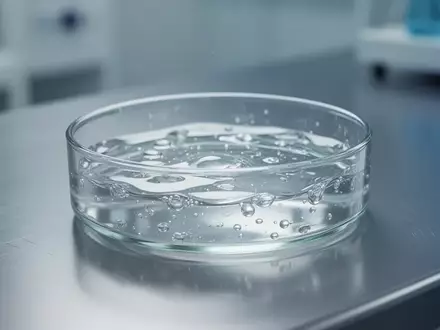 Eine Nahaufnahme einer sterilen Laborumgebung mit einer Glasschale, die eine biologische Lösung auf einem Metalltisch enthält. - Foto: über boerse-global.de