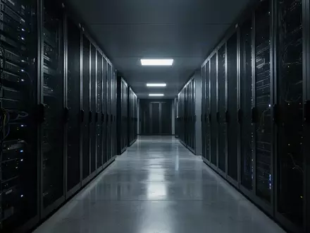 Ein moderner, minimalistischer Serverraum bei Nacht mit kühler Beleuchtung und glatten Metalloberflächen. - Foto: über boerse-global.de