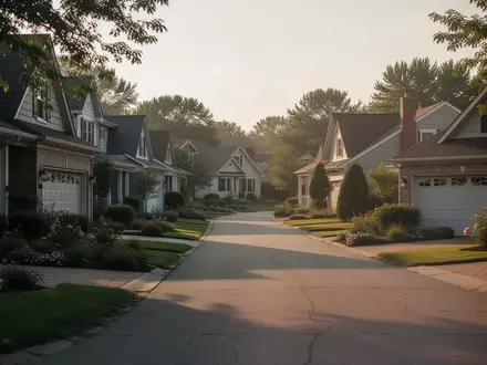 Eine ruhige Wohnstraße in einer amerikanischen Vorstadt bei Sonnenuntergang mit Einfamilienhäusern und gepflegten Gärten. - Foto: über boerse-global.de