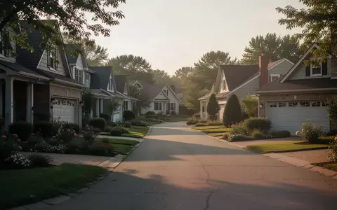 Eine ruhige Wohnstraße in einer amerikanischen Vorstadt bei Sonnenuntergang mit Einfamilienhäusern und gepflegten Gärten. - Foto: über boerse-global.de