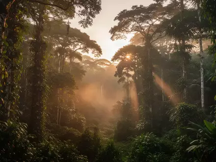 Dichter, morgendlicher Regenwald im bolivianischen Amazonasgebiet mit einfallendem Sonnenlicht zwischen den Bäumen. - Foto: über boerse-global.de