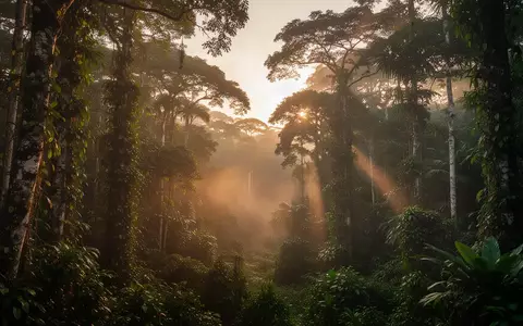 Dichter, morgendlicher Regenwald im bolivianischen Amazonasgebiet mit einfallendem Sonnenlicht zwischen den Bäumen. - Foto: über boerse-global.de
