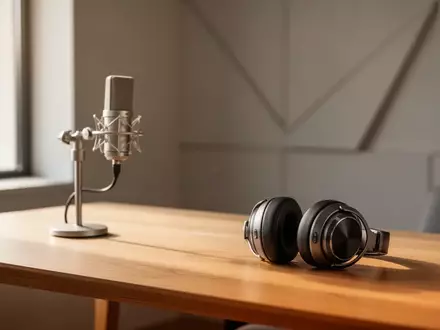 Ein minimalistischer Arbeitsplatz mit einem professionellen Studiomikrofon und Kopfhörern auf einem Holztisch bei Tageslicht. - Foto: über boerse-global.de