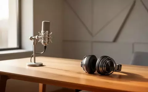 Ein minimalistischer Arbeitsplatz mit einem professionellen Studiomikrofon und Kopfhörern auf einem Holztisch bei Tageslicht. - Foto: über boerse-global.de