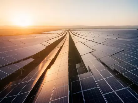 Moderne Solarpark-Anlage bei Sonnenaufgang als Symbol für Investitionen in erneuerbare Energien. - Foto: über boerse-global.de