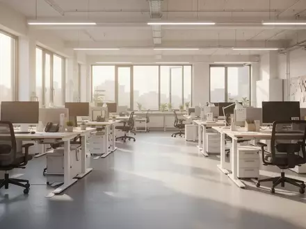 Ein barrierefrei gestalteter, heller Arbeitsbereich mit ergonomischer Ausstattung und weiten GĂ€ngen bei Tageslicht. - Foto: ĂŒber boerse-global.de