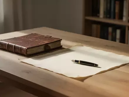 Ein antikes, ledergebundenes Buch und ein Füllfederhalter liegen auf einem schlichten Schreibtisch in einem ruhigen Arbeitszimmer. - Foto: über boerse-global.de