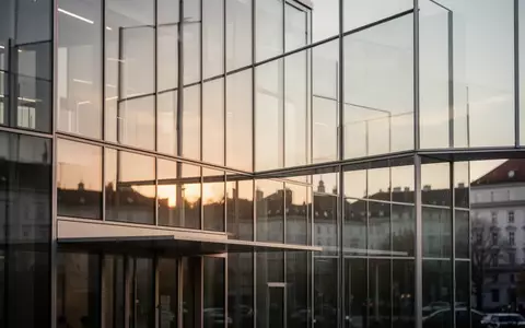 Moderne Glas- und Stahlfassade eines Forschungsgebäudes bei Sonnenuntergang in Wien. - Foto: über boerse-global.de