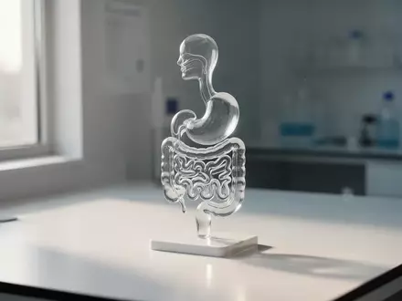 Ein abstraktes, gläsernes anatomisches Modell des menschlichen Verdauungstrakts auf einer weißen Laboroberfläche. - Foto: über boerse-global.de