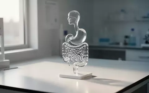 Ein abstraktes, gläsernes anatomisches Modell des menschlichen Verdauungstrakts auf einer weißen Laboroberfläche. - Foto: über boerse-global.de