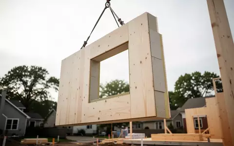 Vorgefertigtes Holzfassadenelement für die energetische Sanierung eines Wohngebäudes in Hamburg-Lurup - Foto: über boerse-global.de