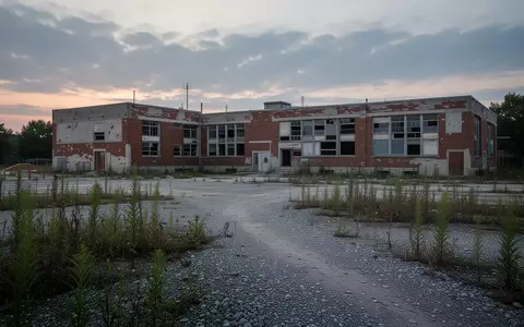 Ein ungenutztes Baugrundstück vor einem älteren Schulgebäude bei bewölktem Himmel. - Foto: über boerse-global.de