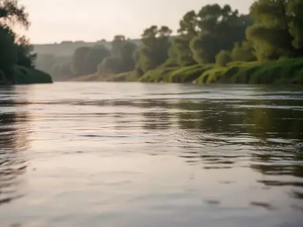 Ein ruhiger Fluss bei Sonnenaufgang mit sanften Wellen und bewaldetem Ufer im Hintergrund. - Foto: über boerse-global.de