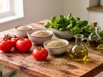 Frische mediterrane Lebensmittel wie Tomaten, Getreide und Olivenöl auf einem hölzernen Küchentisch bei natürlichem Licht. - Foto: über boerse-global.de