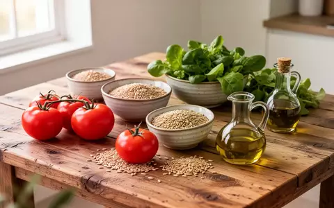Frische mediterrane Lebensmittel wie Tomaten, Getreide und Olivenöl auf einem hölzernen Küchentisch bei natürlichem Licht. - Foto: über boerse-global.de