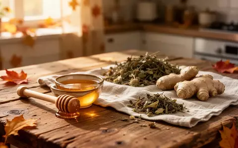 Ein hölzerner Tisch mit einer Schale Honig, einem Honiglöffel und getrockneten Kräutern in herbstlichem Licht. - Foto: über boerse-global.de