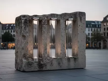 Eine leere, minimalistische öffentliche Platzanlage in der Dämmerung mit einer modernen, säulenartigen Installation aus drei vertikalen Glasröhren. - Foto: über boerse-global.de