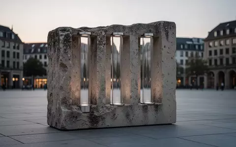Eine leere, minimalistische öffentliche Platzanlage in der Dämmerung mit einer modernen, säulenartigen Installation aus drei vertikalen Glasröhren. - Foto: über boerse-global.de