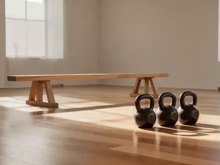 Ein minimalistischer Trainingsraum mit einem Holzbalken und Kettlebells auf einem hellen Holzboden bei natürlichem Licht. - Foto: über boerse-global.de