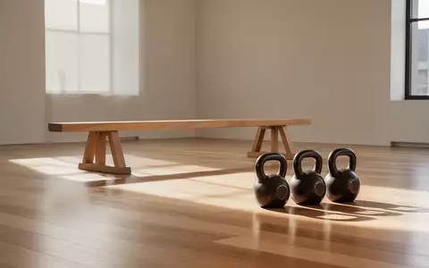 Ein minimalistischer Trainingsraum mit einem Holzbalken und Kettlebells auf einem hellen Holzboden bei natürlichem Licht. - Foto: über boerse-global.de
