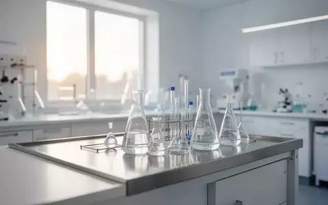 Modernes, steriles Labor-Interieur mit wissenschaftlichen Glasgeräten auf einem Edelstahltisch bei natürlichem Tageslicht. - Foto: über boerse-global.de