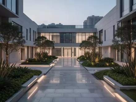 Moderner Innenhof einer Forschungseinrichtung in Macau mit architektonischen Linien und Begrünung. - Foto: über boerse-global.de