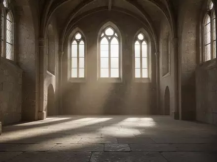 Ein minimalistischer, leerer Kirchenraum mit einfallendem Tageslicht und langen Schatten auf dem Steinboden. - Foto: über boerse-global.de